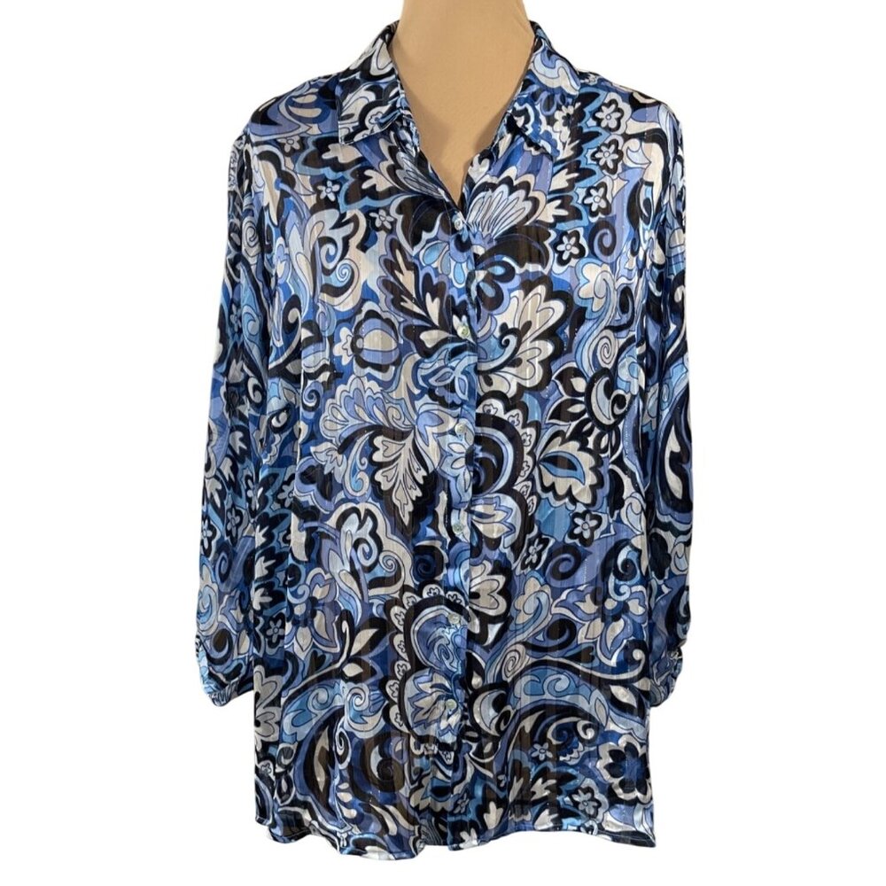 Haven & Blair Sheer Blouse Top Size 1X Blue White Button Front Collar